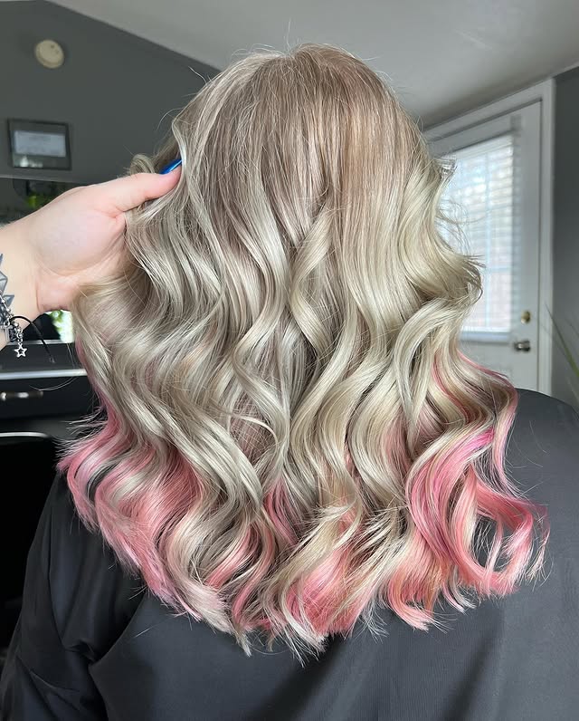Softly Layered Waves with Subtle Peekaboo Pink Ends
