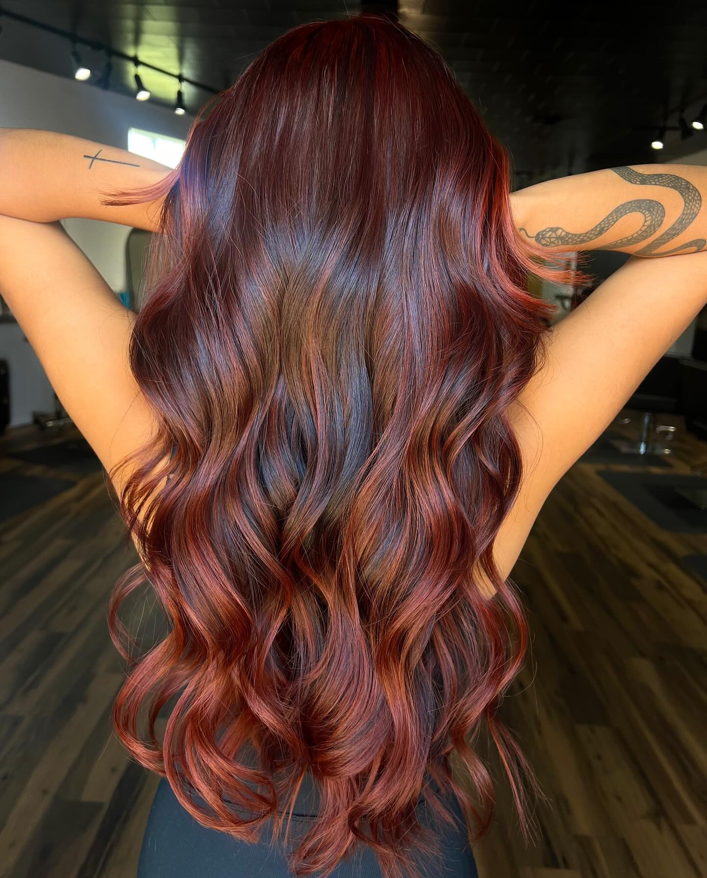 Luxurious Long Red Copper Balayage with Gentle Waves