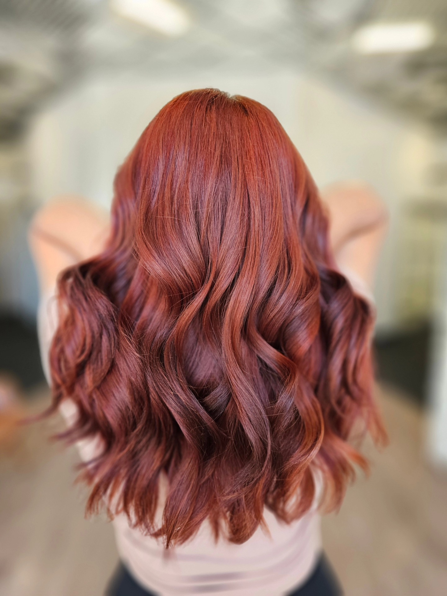 Radiant Red Copper Balayage with Defined Waves