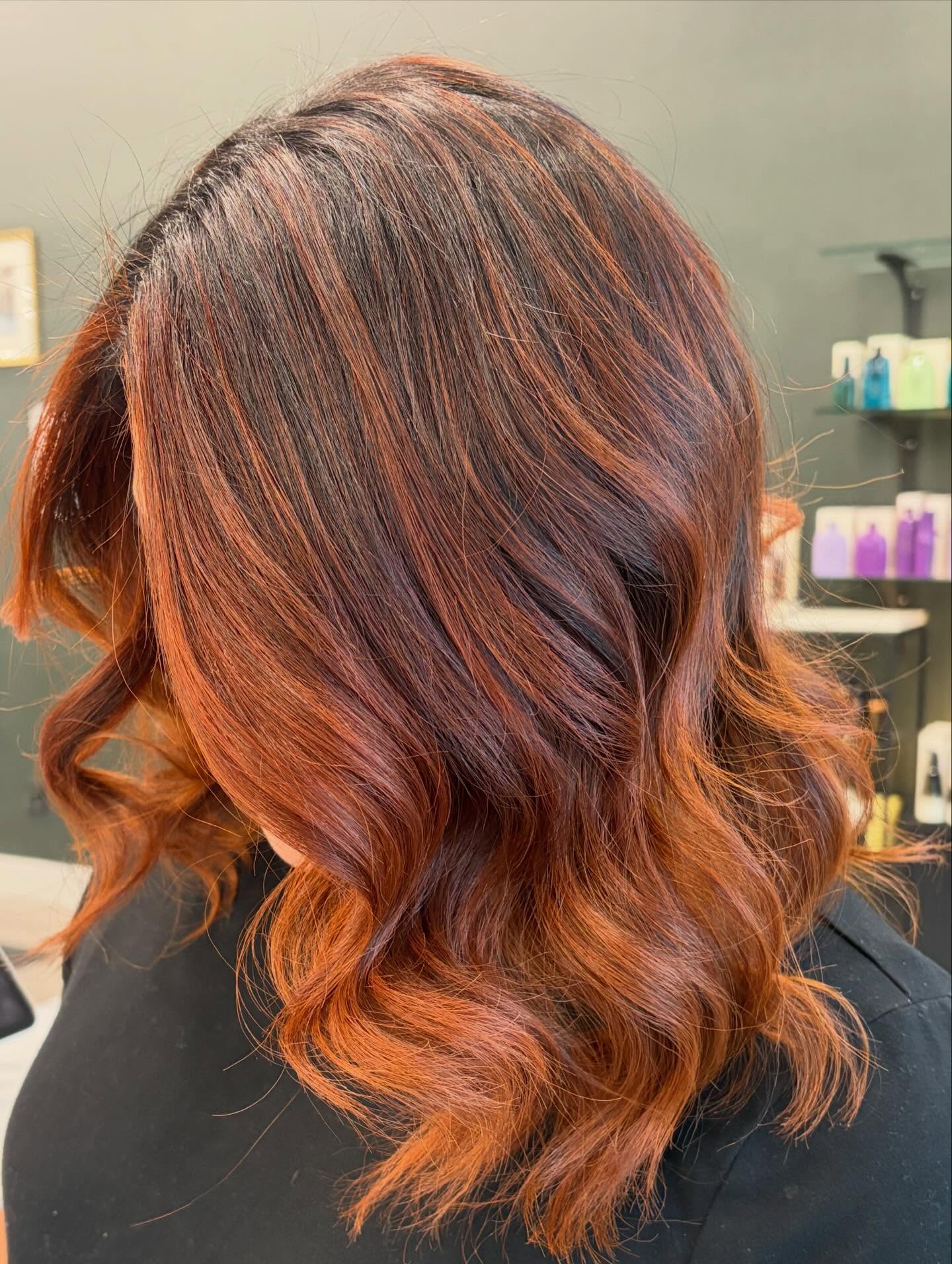 Warm Red Copper Balayage with Bouncy Layers