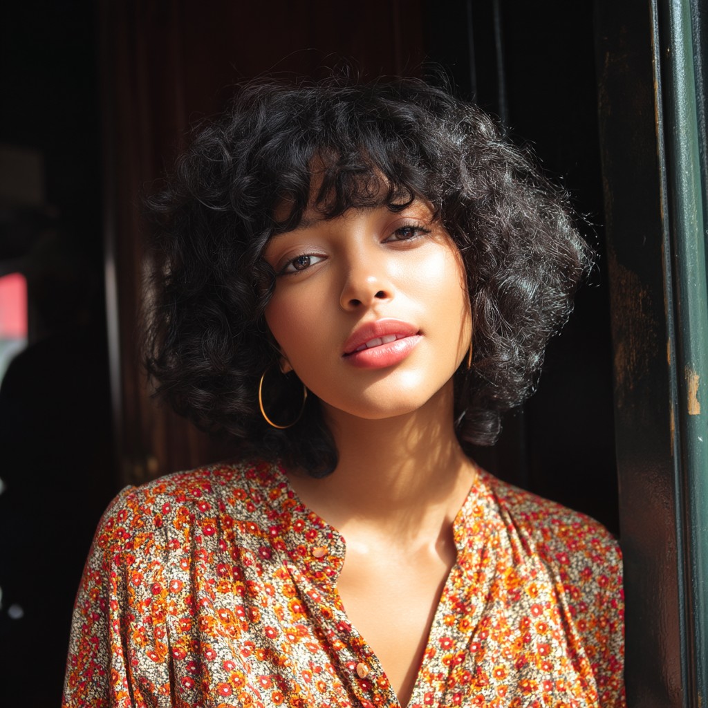 Chic Curly Bob with Soft Bangs