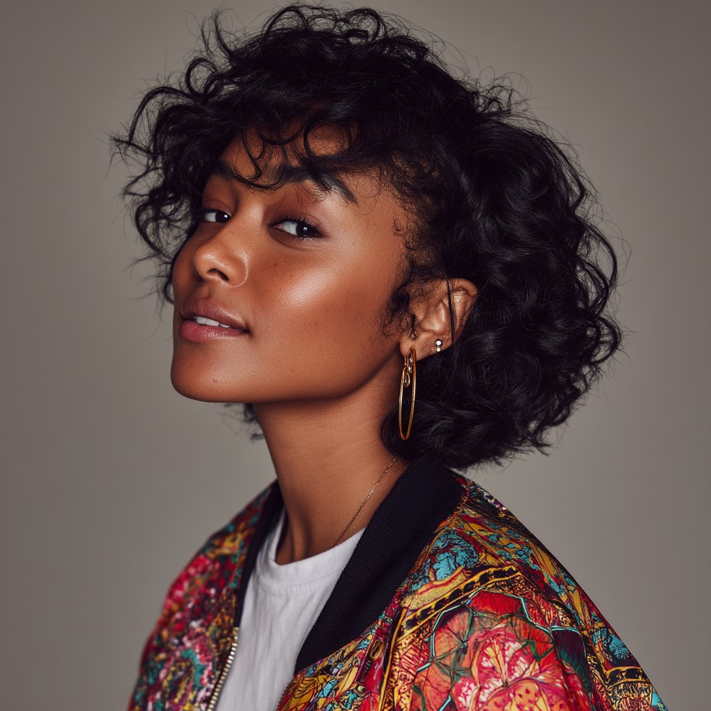 Chic Textured Curly Bob with Soft Bangs