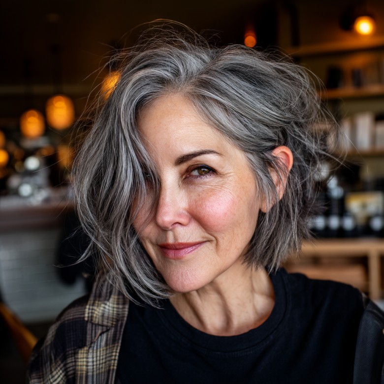 Chic Textured Gray Lob with Subtle Waves