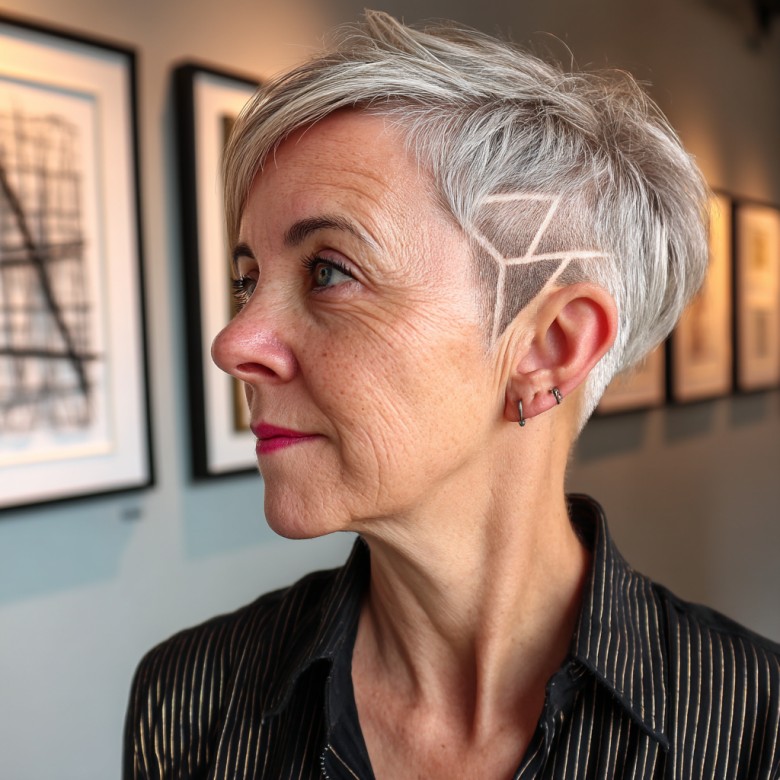 Edgy Gray Pixie Cut with Intricate Side Design