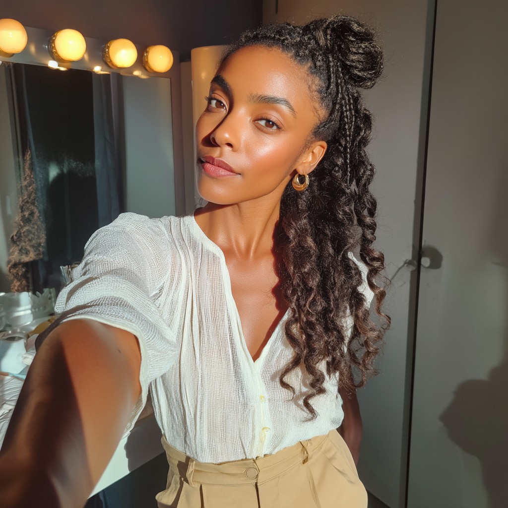 Elegant Curly Half-Up with Braided Accents