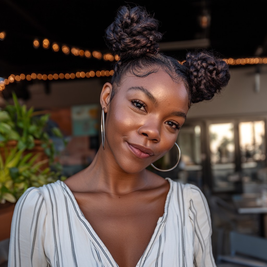Playful Double Buns with Intricate Braids