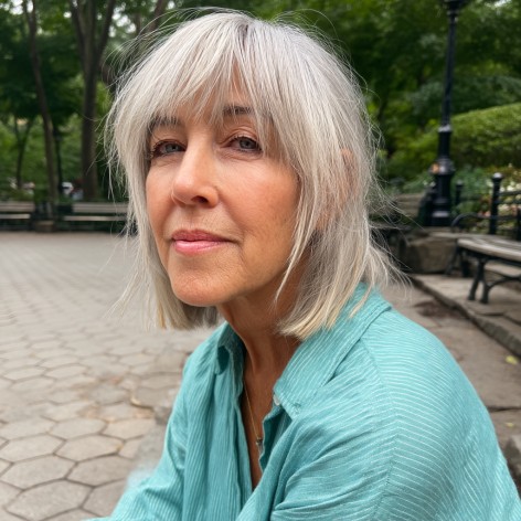 Soft Layered Silver Lob with Wispy Bangs