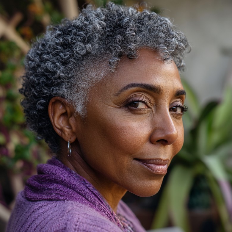 Stylish Curly Gray Pixie Cut with Tapered Sides