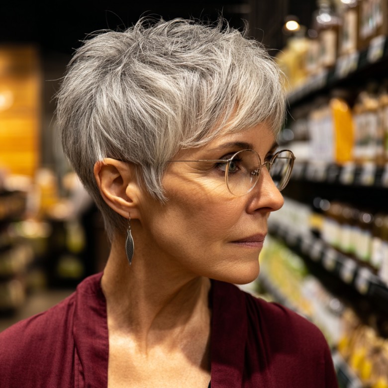 Stylish Short Gray Pixie with Textured Layers