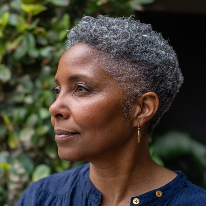 Textured Gray Pixie with Curly Top and Tapered Sides
