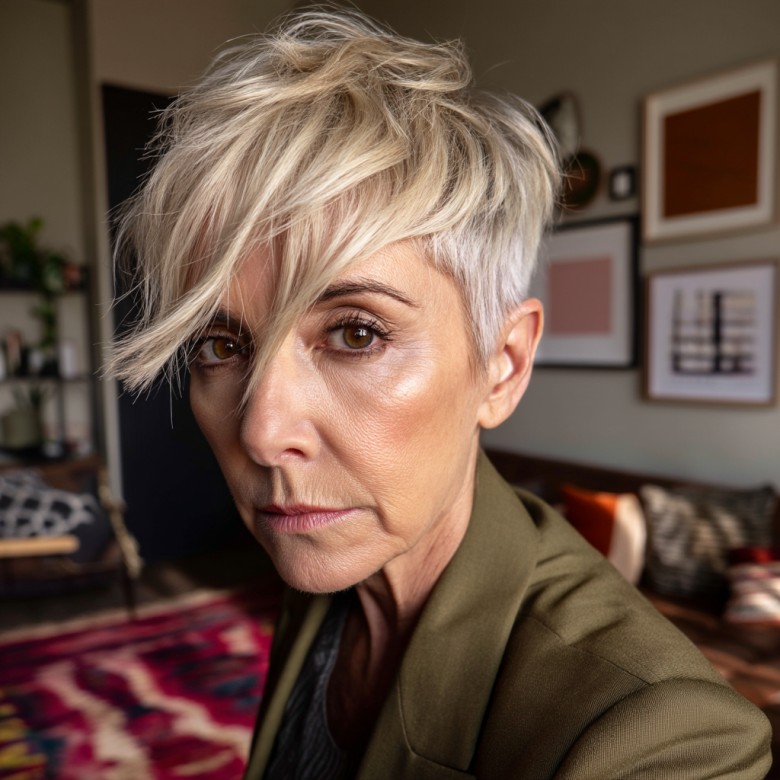 Textured Short Blonde Pixie with Side-Swept Bangs