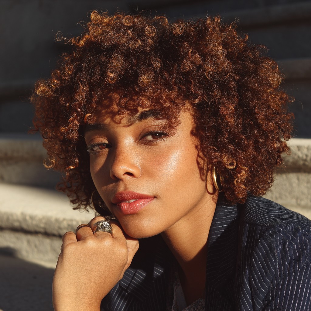 Vibrant Curly Bob with Sun-Kissed Highlights