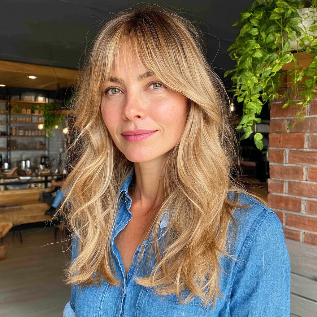 Effortlessly Layered Beachy Waves with Soft Bangs