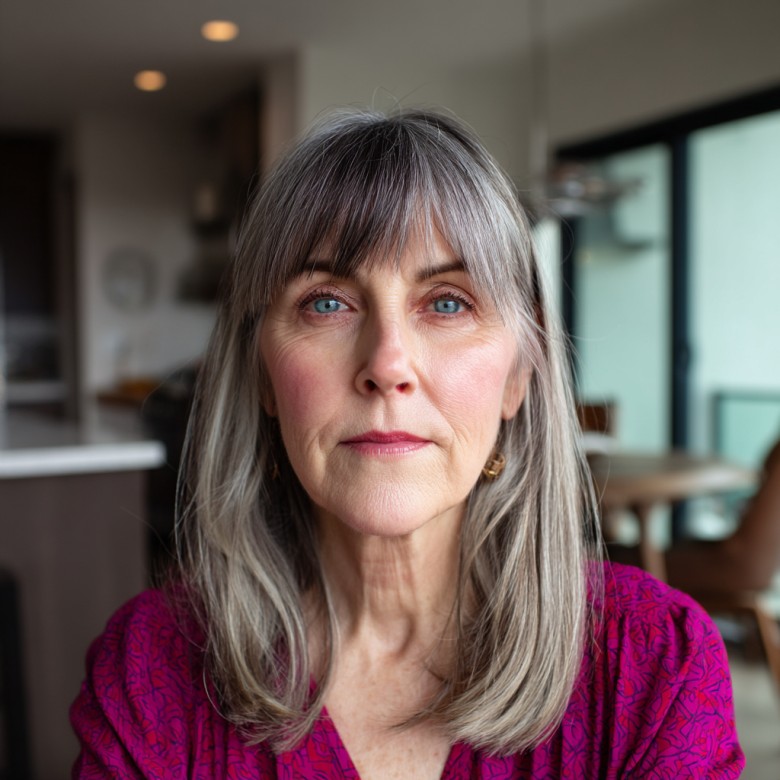 Chic Medium-Length Silver Layers with Soft Bangs