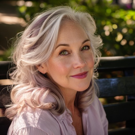 Chic Medium-Length Silver Waves with Subtle Lavender Highlights