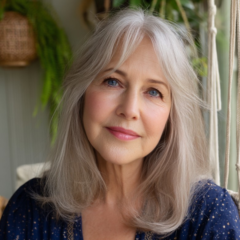 Elegant Medium-Length Silver Layers with Soft Face-Framing Bangs