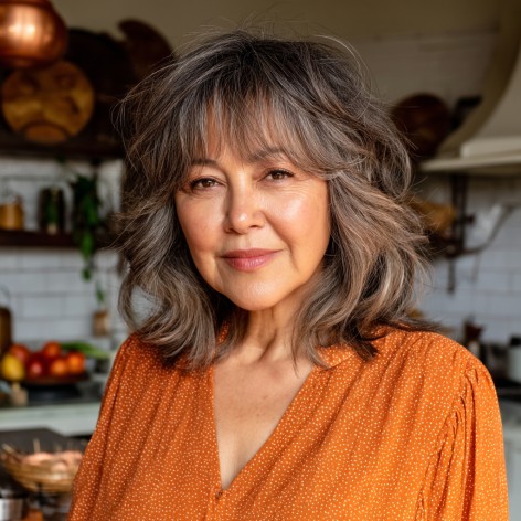 Textured Medium-Length Layers with Wispy Bangs