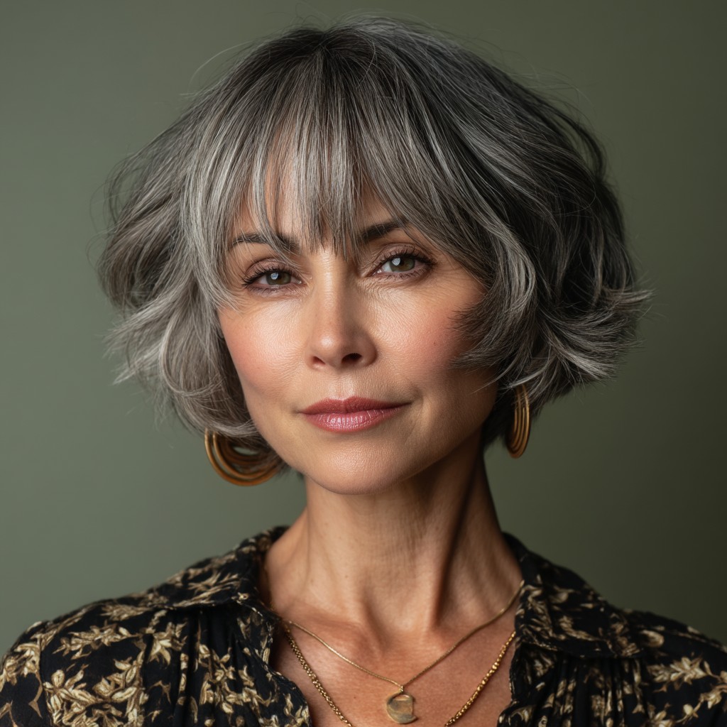 Chic Textured Gray Bob with Soft Bangs