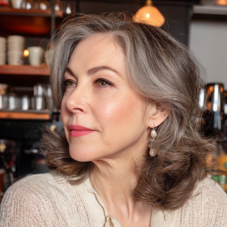 Elegant Silver Layered Medium Cut with Soft Curls