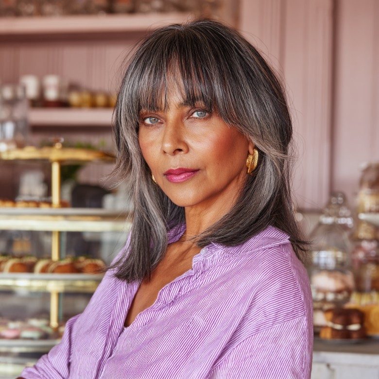 Elegant Silvery Layered Cut with Bangs