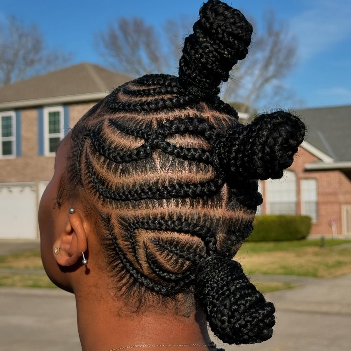 Intricately Styled Bantu Knots with Defined Cornrow Patterns