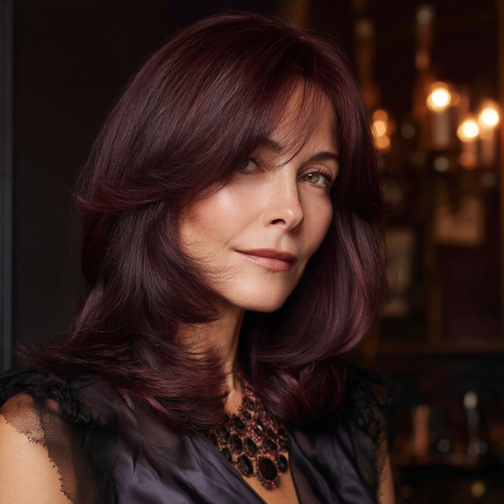 Rich Burgundy Layered Shoulder-Length Hair with Soft Face-Framing Layers