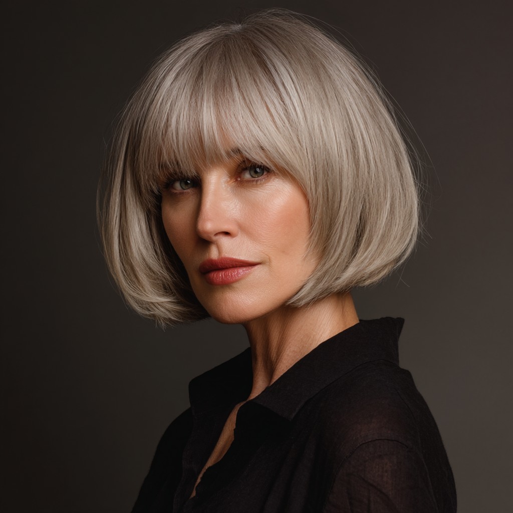 Soft Gray Rounded Bob with Eye-Catching Bangs
