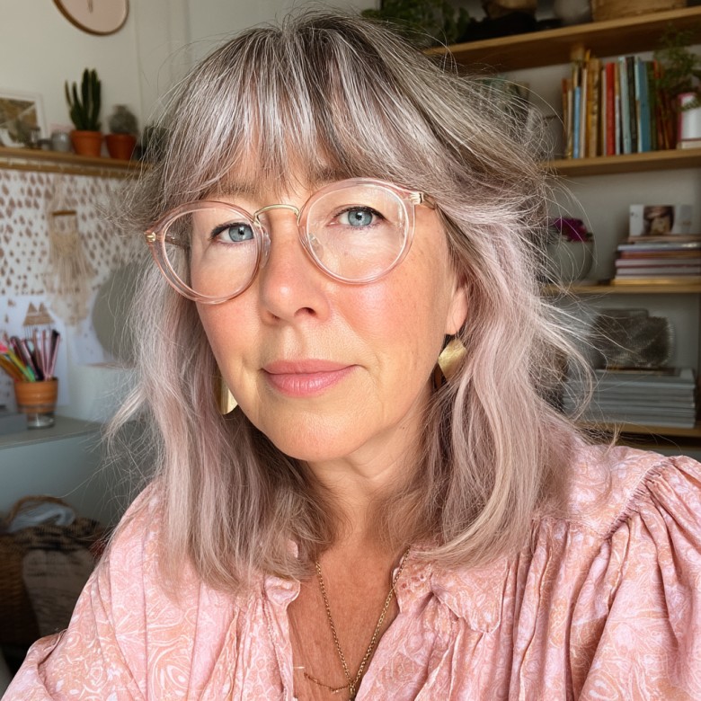 Softly Layered Medium Haircut with Light Lavender Highlights