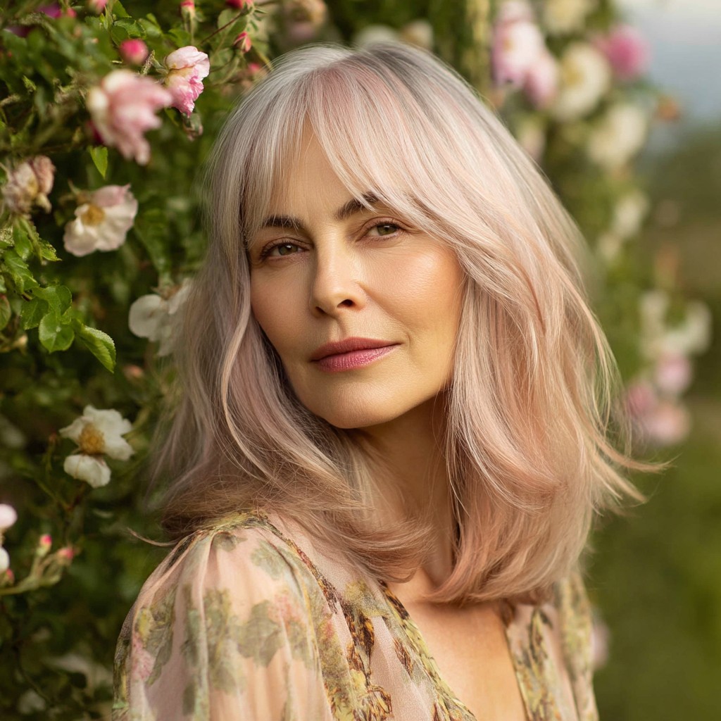 Softly Layered Pastel Shoulder-Length Hair with Face-Framing Bangs