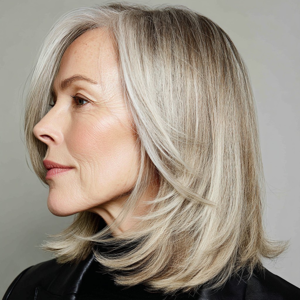 Softly Layered Silver Shoulder-Length Cut with Face-Framing Layers