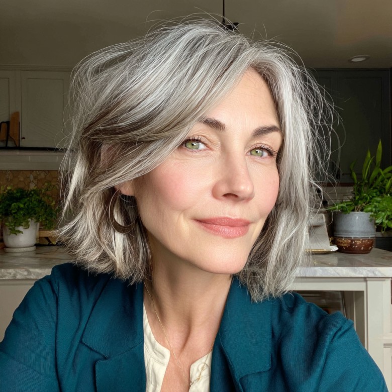 Stylish Softly Layered Bob with Natural Gray Highlights