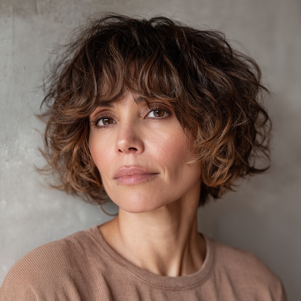 Textured Fluffy Curly Hairstyle with Soft Bangs