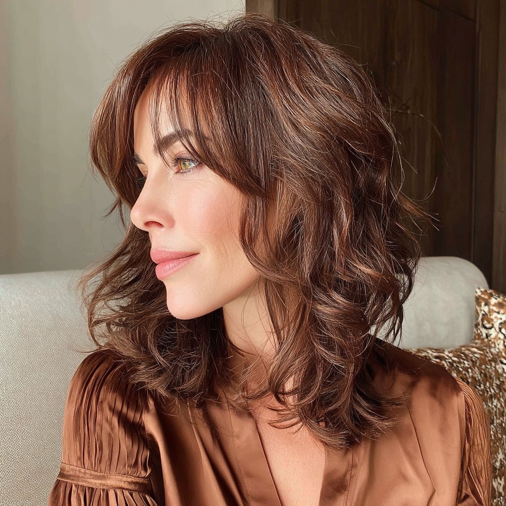 Warm Chestnut Layered Waves with Face-Framing Bangs