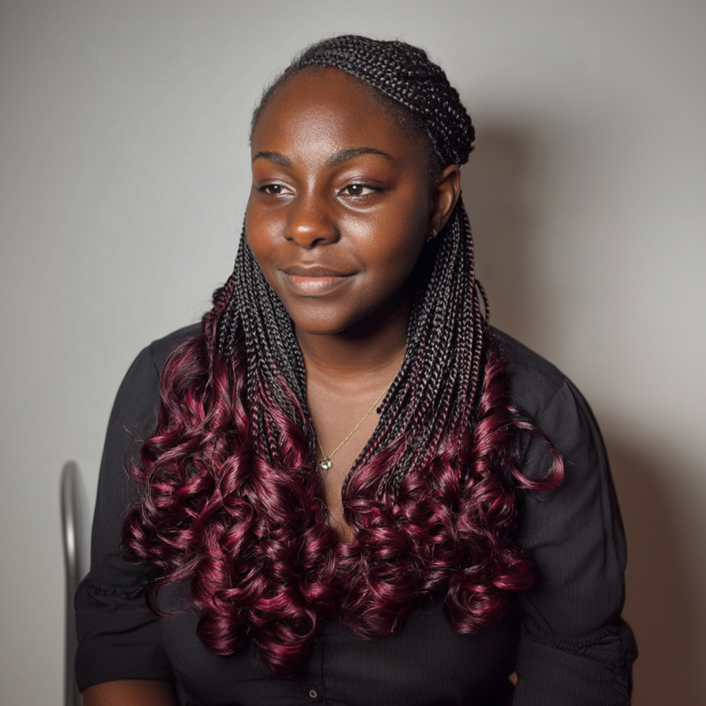 Boldly Curled Braids with Vibrant Burgundy Ends
