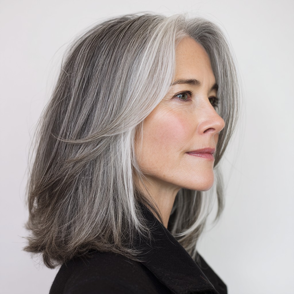 Elegant Layered Shoulder-Length Hair with Soft Silver Undertones