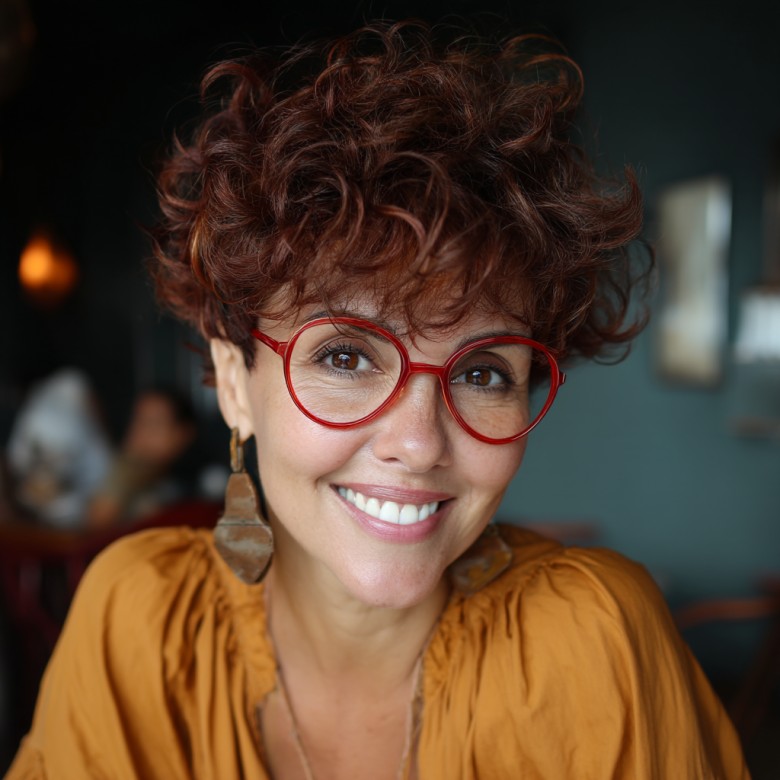 Textured Curly Pixie with Vibrant Red Highlights