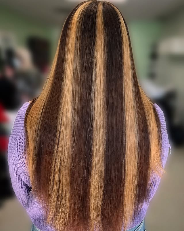Bold Skunk Stripe Hair Color with Sleek Straight Layers