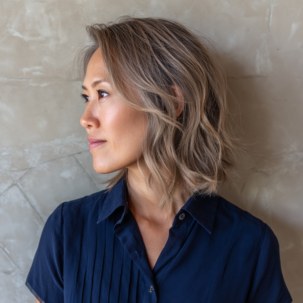 Chic Mushroom Blonde Textured Lob with Beachy Waves
