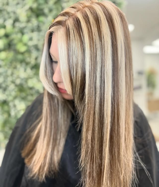Layered Skunk Stripe Hair Color with Glossy Finish