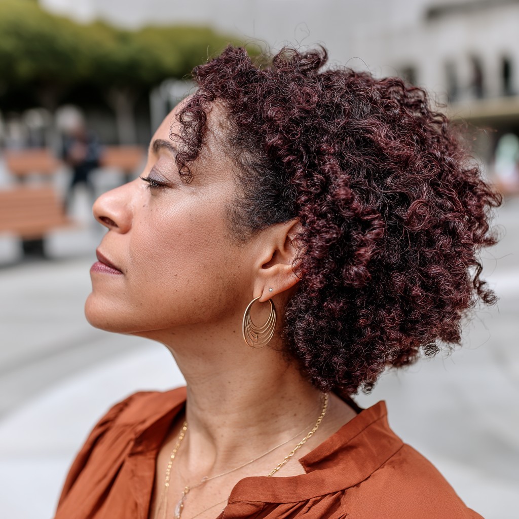 Textured Curly Bob with Subtle Burgundy Undertones