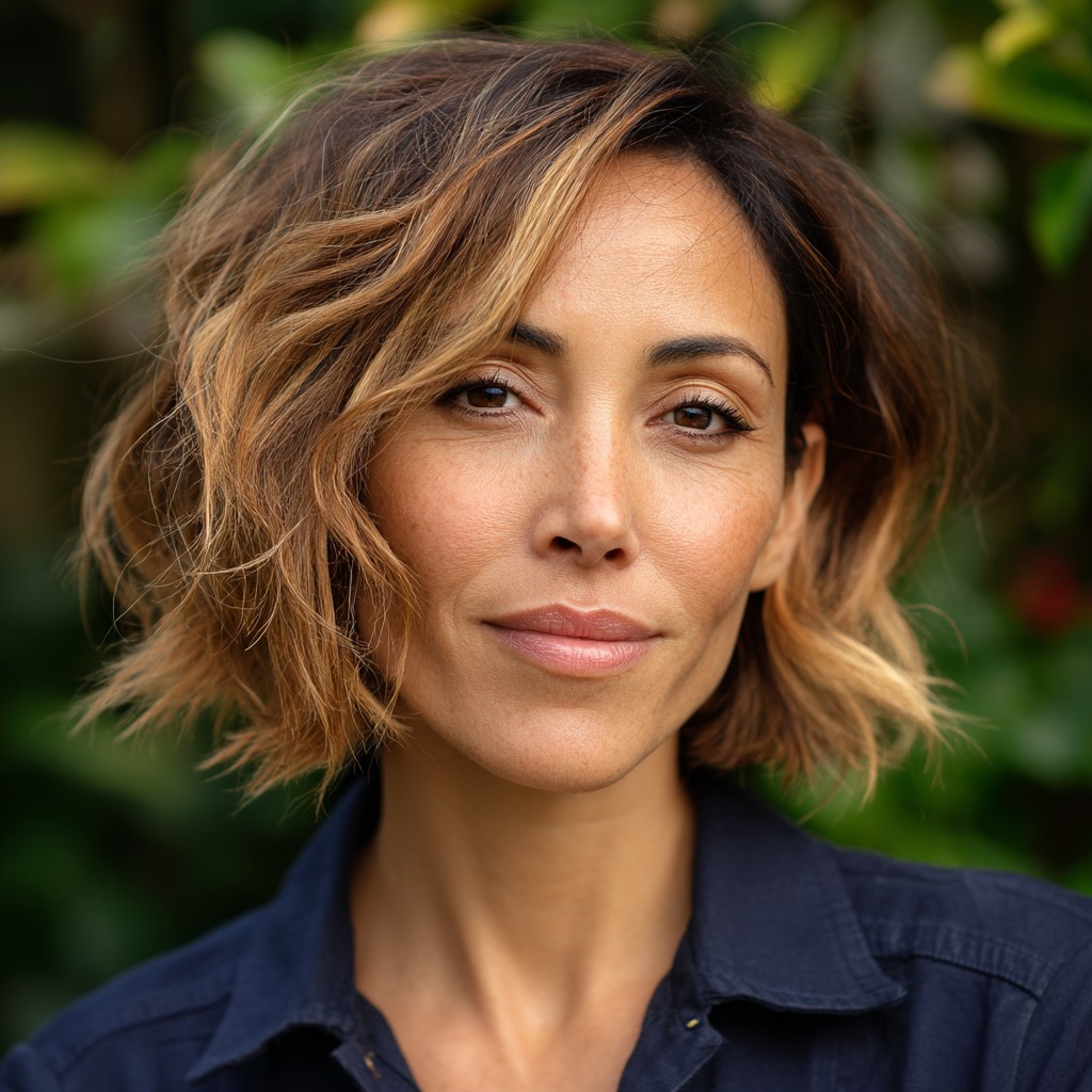 Textured Wavy Bob with Sun-Kissed Highlights