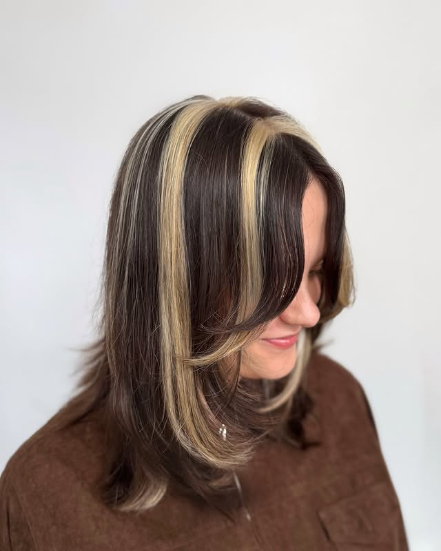 Chic Skunk Stripe Hair Color with Layered Shag Cut