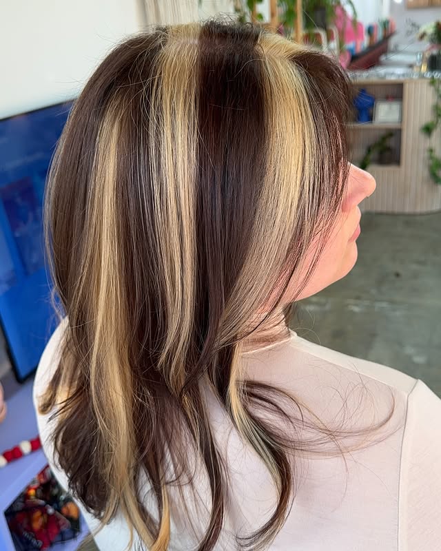 Chic Two-Tone Skunk Stripe Hair with Soft Layers