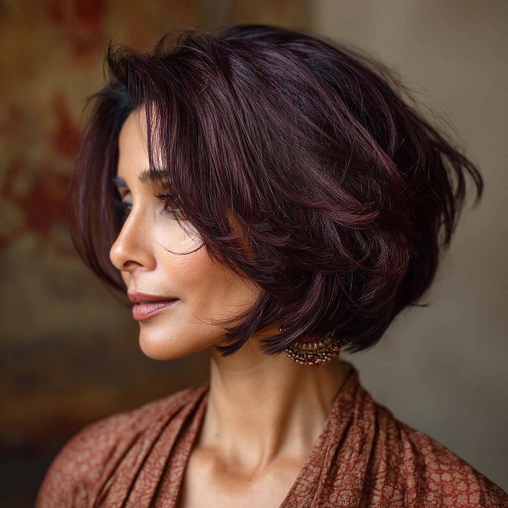Elegant Layered Bob with Rich Burgundy Highlights
