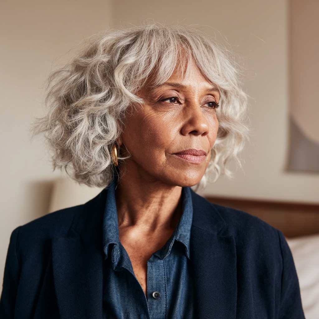 Elegant Silver Curly Cut with Curtain Bangs