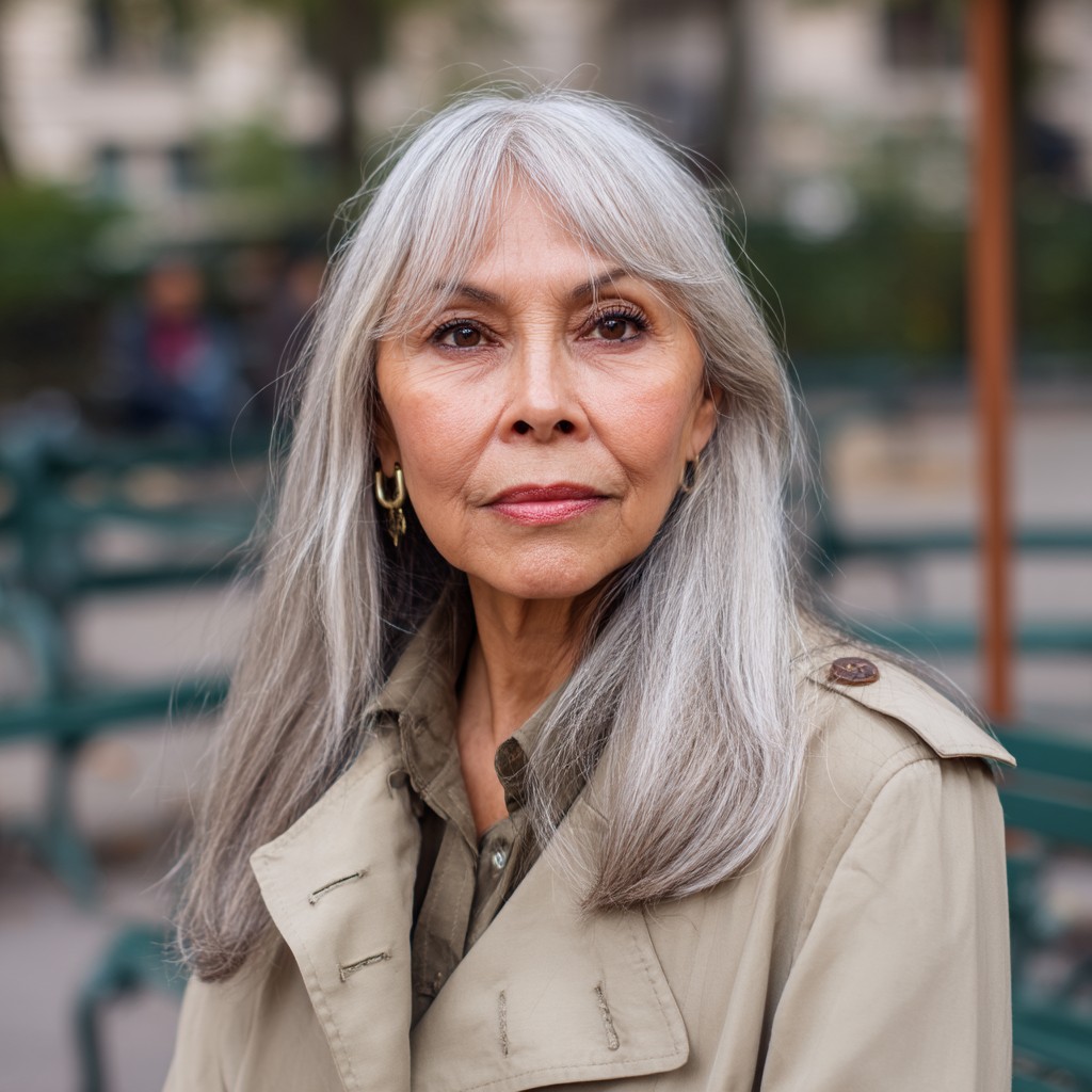 Elegant Silver Layered Haircut with Curtain Bangs