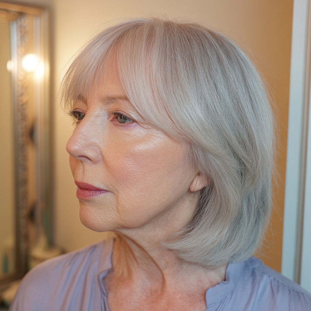 Elegant Silver Layered Haircut with Soft Curtain Bangs