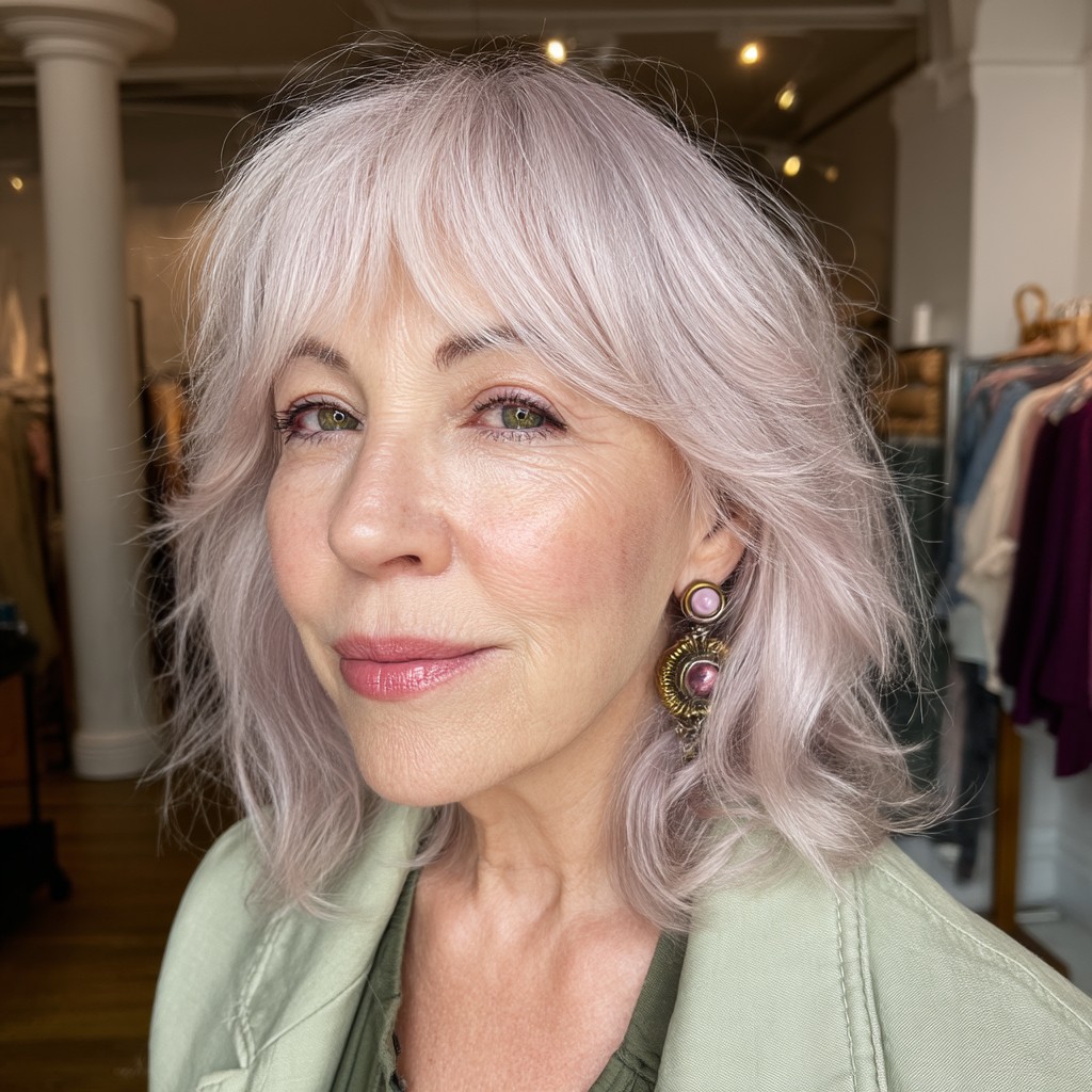 Soft Silver Curtain Bangs with Layered Texture