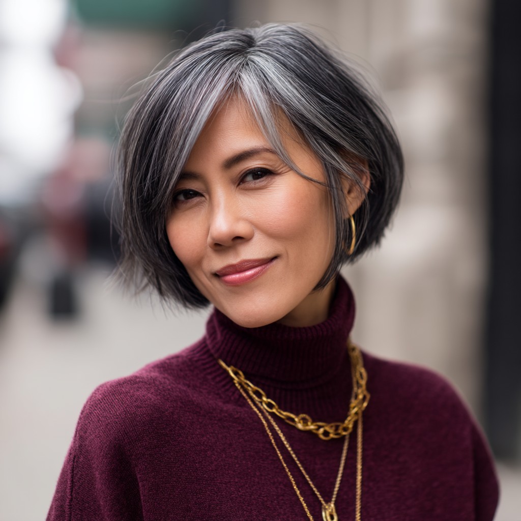 Stylish Silver Layered Bob with Soft Face Framing
