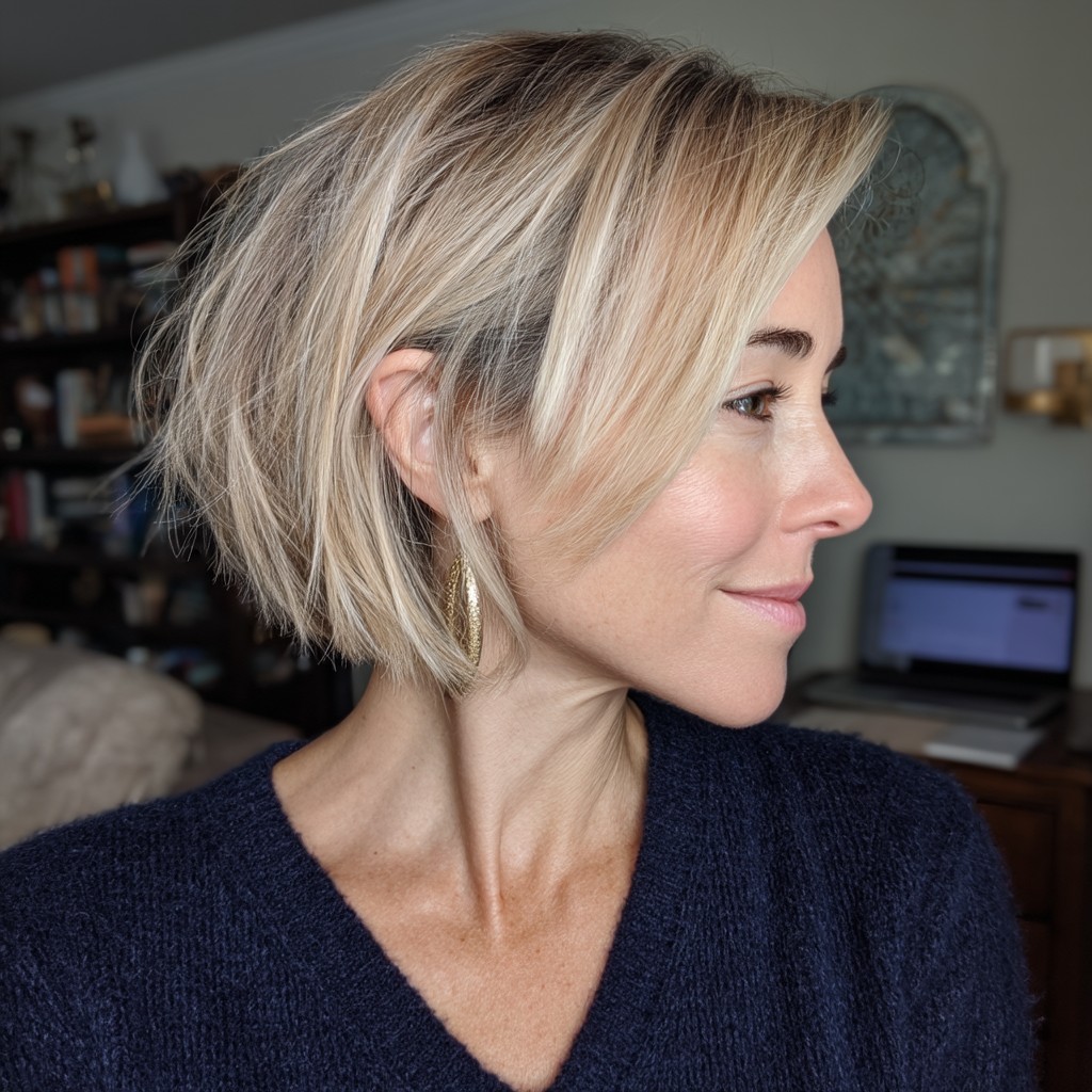 Textured Ash Blonde Layered Bob with Side Swept Bangs